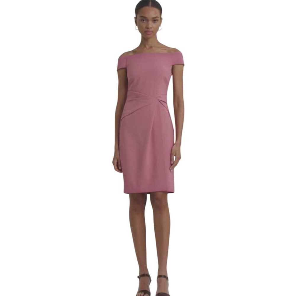 Lauren Ralph Lauren NWT SZ 12 Off The Shoulder‎ Pink Ruched Sheath Midi Dress